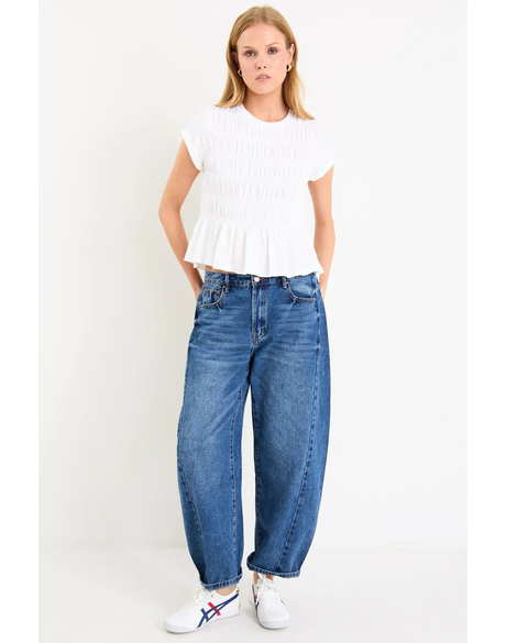 Neat White Slub Shirred Detail SS Tee