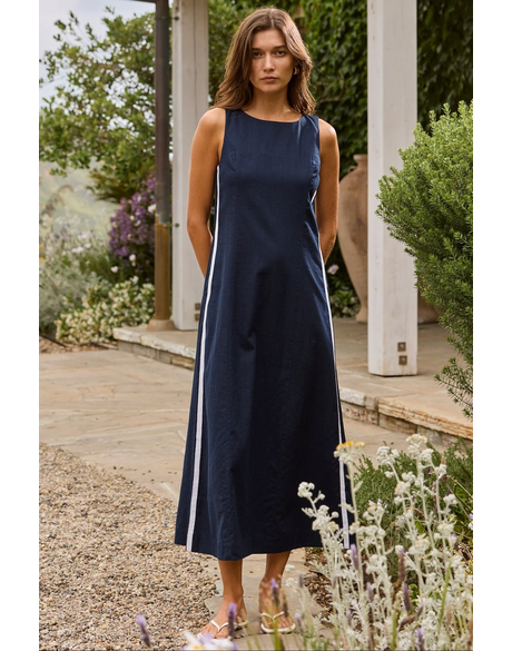 Future Linen Blend Sleeveless Stripe Trim Midi Dress