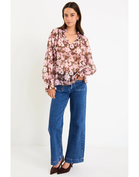 Odyssey Blush Chocolate Floral Shirred Neck LS Top