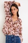 Odyssey Blush Chocolate Floral Shirred Neck LS Top