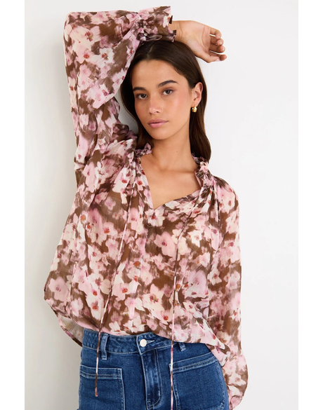 Odyssey Blush Chocolate Floral Shirred Neck LS Top