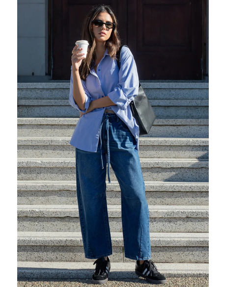 Campus Deep Blue Tie Waist Barrel Jeans