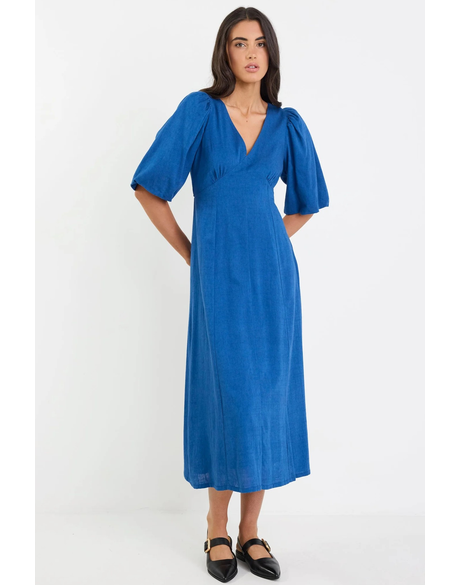 Port True Blue Mid Sleeve Button Front Midi Dress