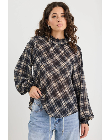 Embrace Black Check Chiffon Shirred Neck LS Top