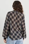 Embrace Black Check Chiffon Shirred Neck LS Top