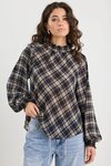 Embrace Black Check Chiffon Shirred Neck LS Top