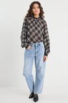 Embrace Black Check Chiffon Shirred Neck LS Top