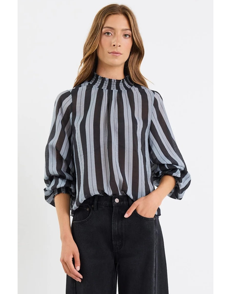 Embrace Grey Stripe Shirred Neck LS Top