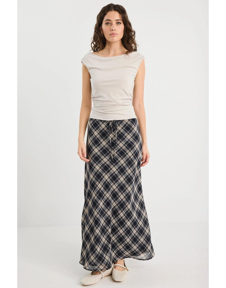 Rally Black Check Chiffon Tie Waist Bias Maxi Skirt