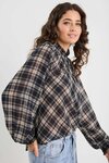 Embrace Black Check Chiffon Shirred Neck LS Top