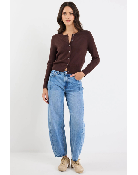 Autograph Chocolate Soft Fine Gauge Crewneck Cardigan/Chocolate