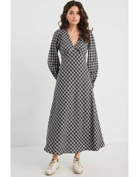 Phoenix Black White Check Balloon Sleeve Midi Dress