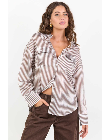 Preppy Chocolate Stripe Pocket Front Shirt