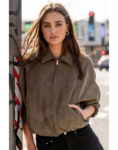 Troupe Khaki Mock Suede Zip Through Bubble Hem Jacket