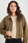 Troupe Khaki Mock Suede Zip Through Bubble Hem Jacket