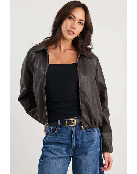 Troupe Chocolate PU Zip Through Bubble Hem Jacket