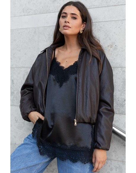 Troupe Chocolate PU Zip Through Bubble Hem Jacket