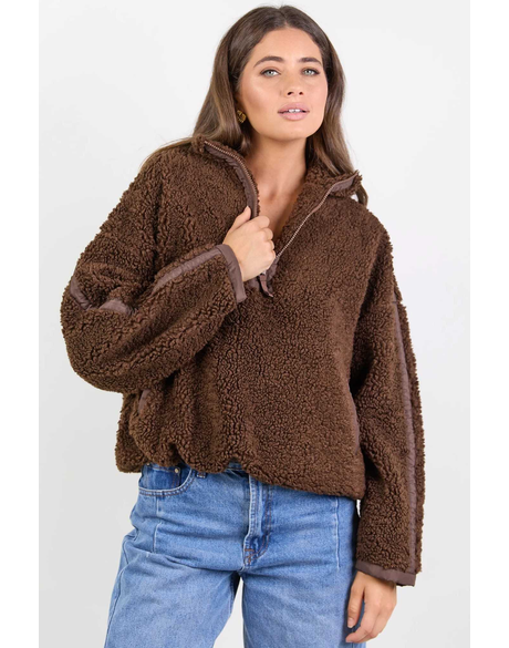 Untold Chocolate Contrast Detail Quarter Zip Sherpa Sweatshirt