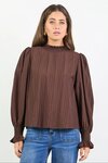 Embrace Chocolate Self Stripe Shirred Neck LS Top