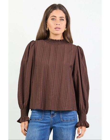Embrace Chocolate Self Stripe Shirred Neck LS Top