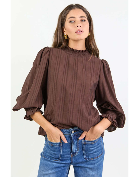 Embrace Chocolate Self Stripe Shirred Neck LS Top