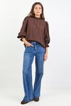 Embrace Chocolate Self Stripe Shirred Neck LS Top