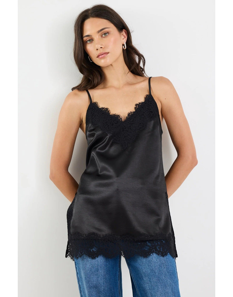 Noir Satin Lace Trim Bias Cami