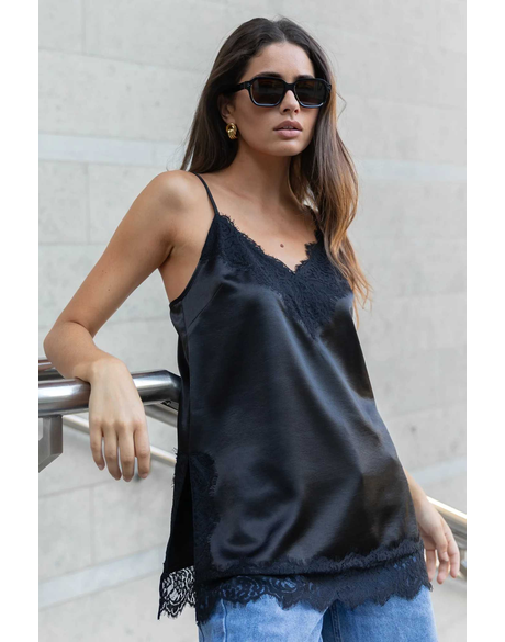 Noir Satin Lace Trim Bias Cami