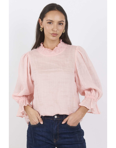 Occasion Pale Pink Shirred Neck Short Sleeve Top