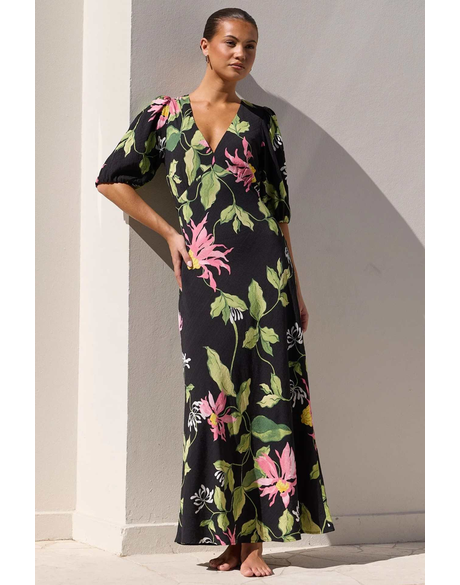 Amora Black Blush Floral SS Bias Midi Dress