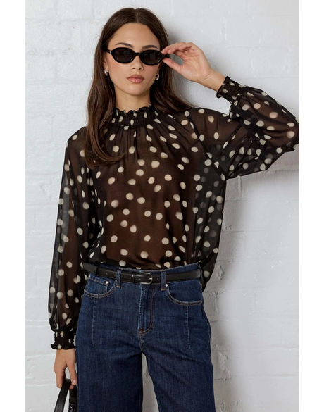 Emphatic Black Polka Dot Georgette High Neck LS Top