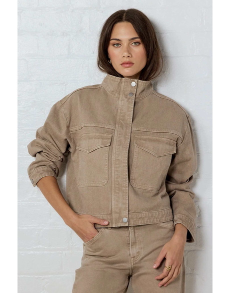 Crafted Taupe Funnel Neck Denim Jacket