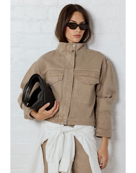 Crafted Taupe Funnel Neck Denim Jacket