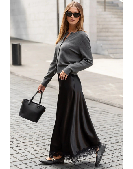 Margarita Satin Lace Trim Bias Maxi Skirt