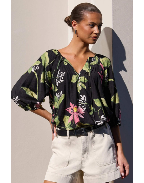 Refine Black Blush Floral Pintuck Front LS Top