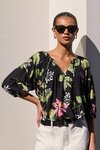 Refine Black Blush Floral Pintuck Front LS Top