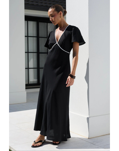 Profile Linen Blend Contrast Bias Flutter Sleeve Maxi Dress