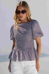 Artifact Chocolate Mini Gingham Shirred Bubble Sleeve Top