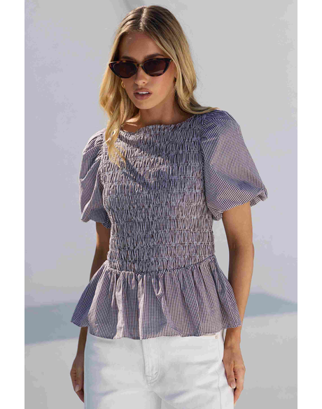 Artifact Chocolate Mini Gingham Shirred Bubble Sleeve Top
