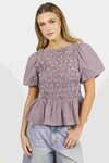Artifact Chocolate Mini Gingham Shirred Bubble Sleeve Top