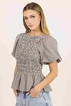 Artifact Chocolate Mini Gingham Shirred Bubble Sleeve Top