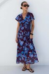 Chariot Burgundy Blue Floral Flutter Sleeve Maxi Dress