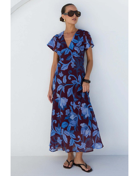 Chariot Burgundy Blue Floral Flutter Sleeve Maxi Dress
