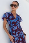 Chariot Burgundy Blue Floral Flutter Sleeve Maxi Dress