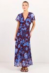 Chariot Burgundy Blue Floral Flutter Sleeve Maxi Dress