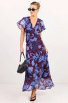 Chariot Burgundy Blue Floral Flutter Sleeve Maxi Dress
