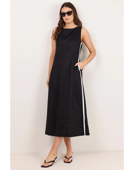 Future Linen Blend Sleeveless Stripe Trim Midi Dress