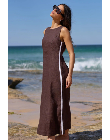 Future Linen Blend Sleeveless Stripe Trim Midi Dress