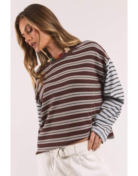 Mash Up Stripe Tee LS (Choc & Blue)