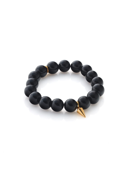 Midnight Bracelet - Black Onyx/Gold 12mm Beaded with Fat Spike and S charm
